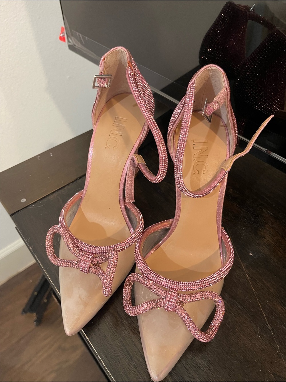 INC International Concepts Pink Rhinestone Bow Ankle-Strap Pointed Heels